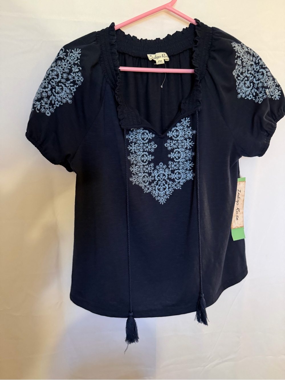 Indigo Rose Navy Embroidered Peasant Top